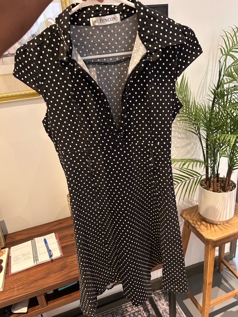 B.L. Tencon Black Polka Dot Collared Dress